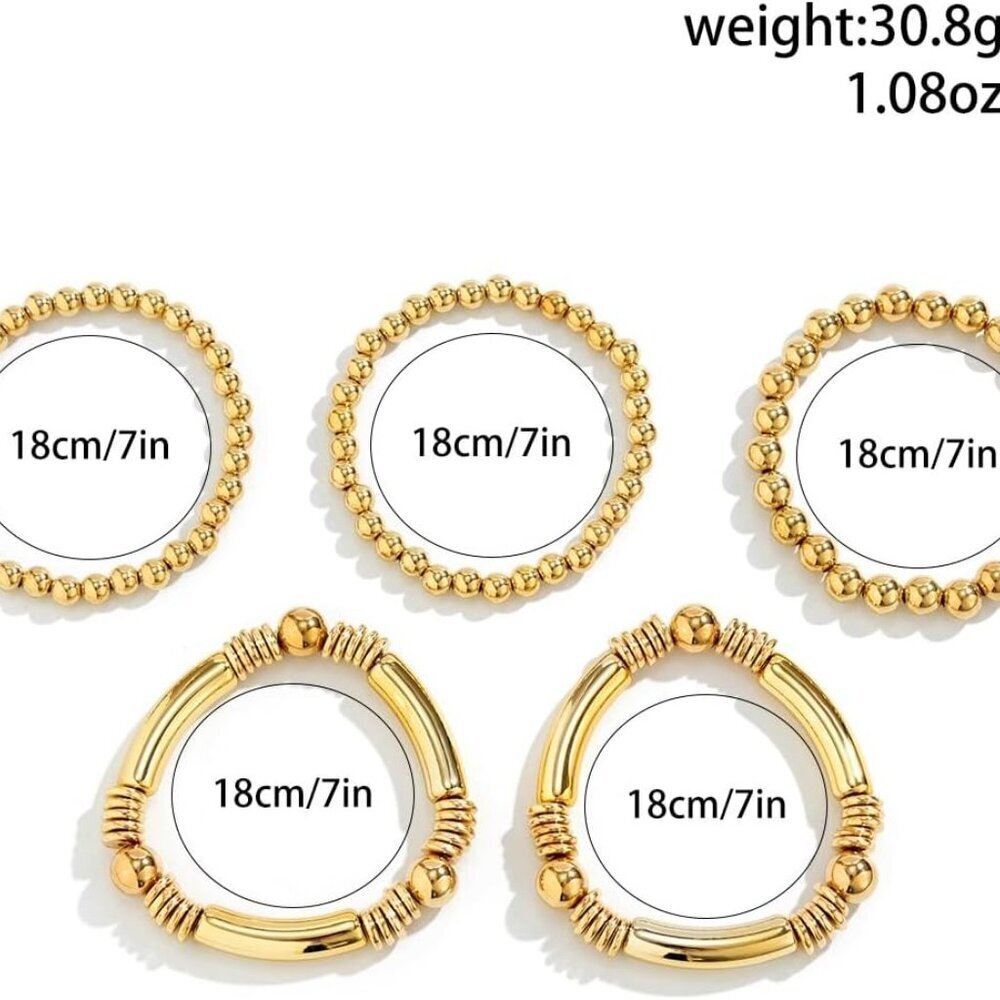 5pcs Layered Beaded Bracelets Set for Women Dainty Stretch Elastic Round Ball Be - Picture 6 of 6